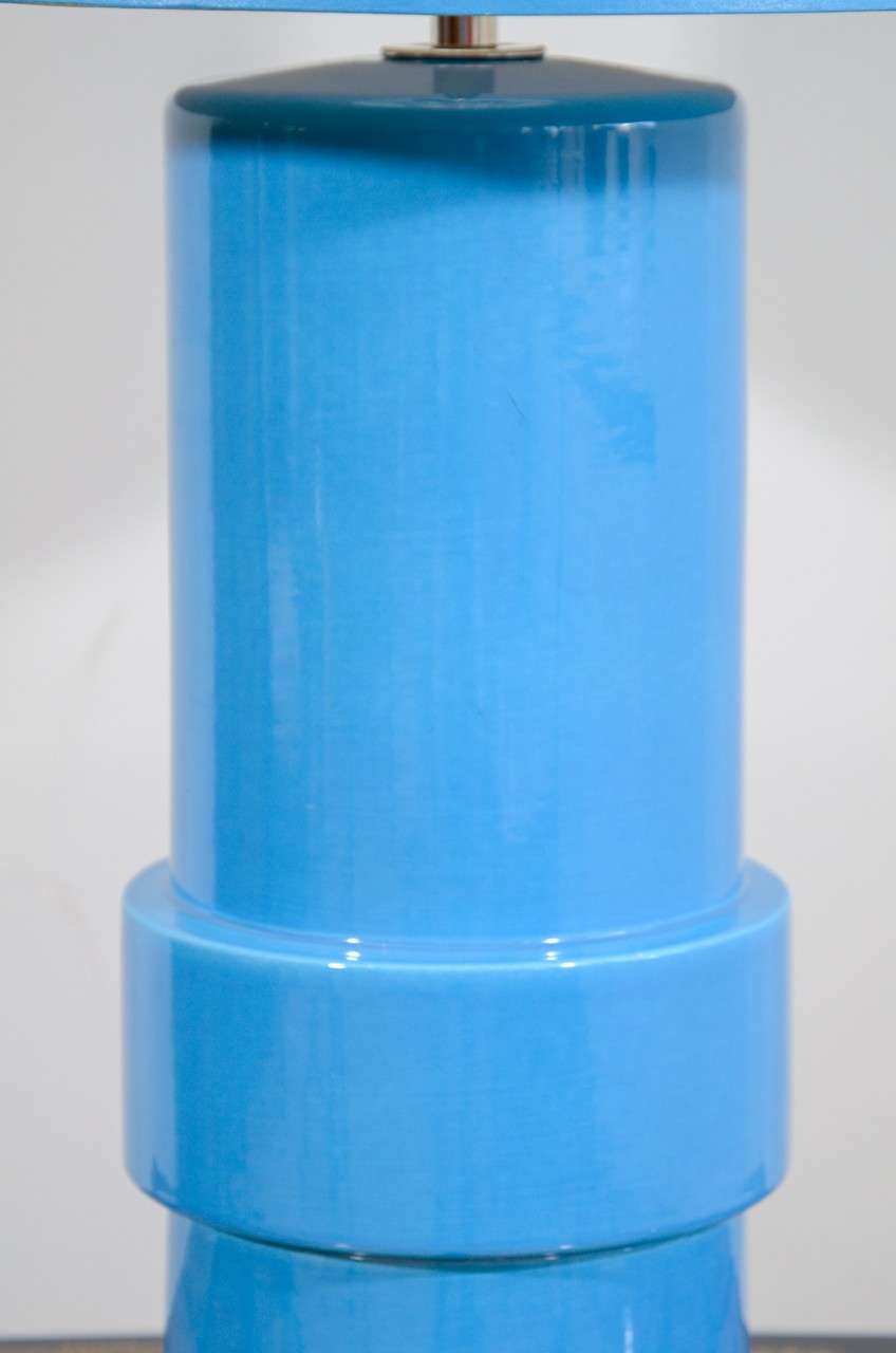 Blue Glazed Stepped Cylindrical Table Lamp and Matching Shade In Excellent Condition In New York, NY