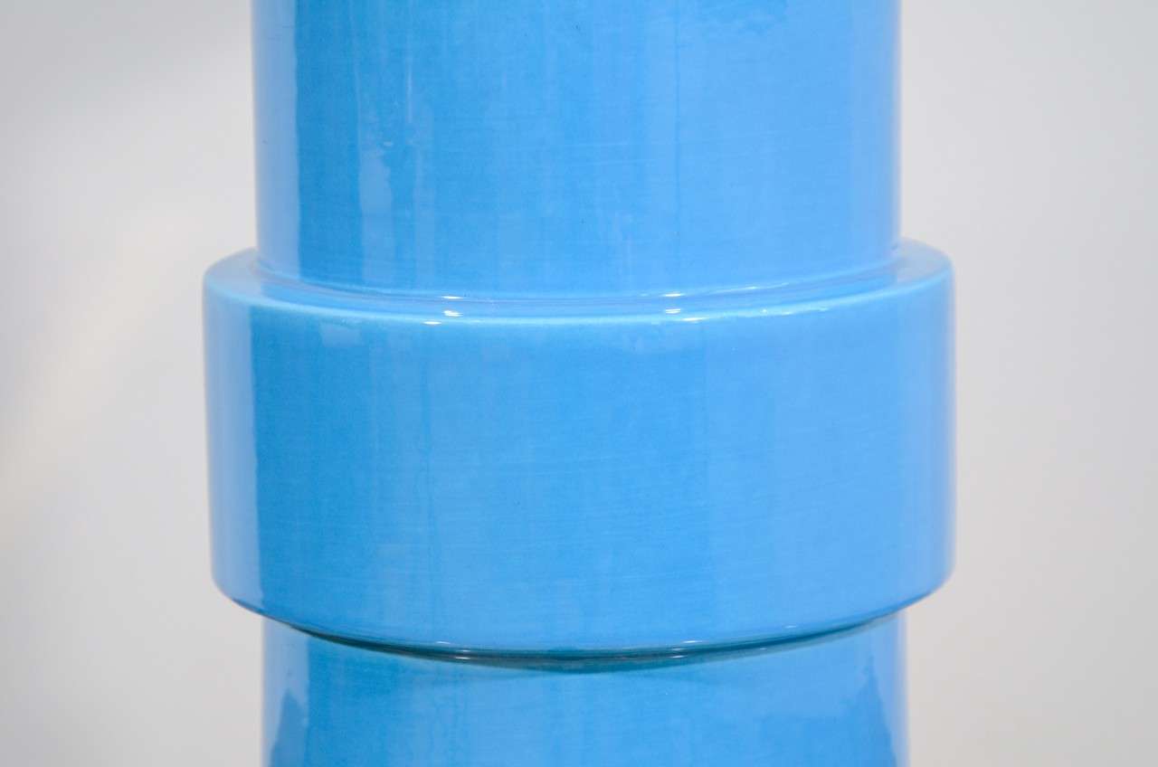 Late 20th Century Blue Glazed Stepped Cylindrical Table Lamp and Matching Shade