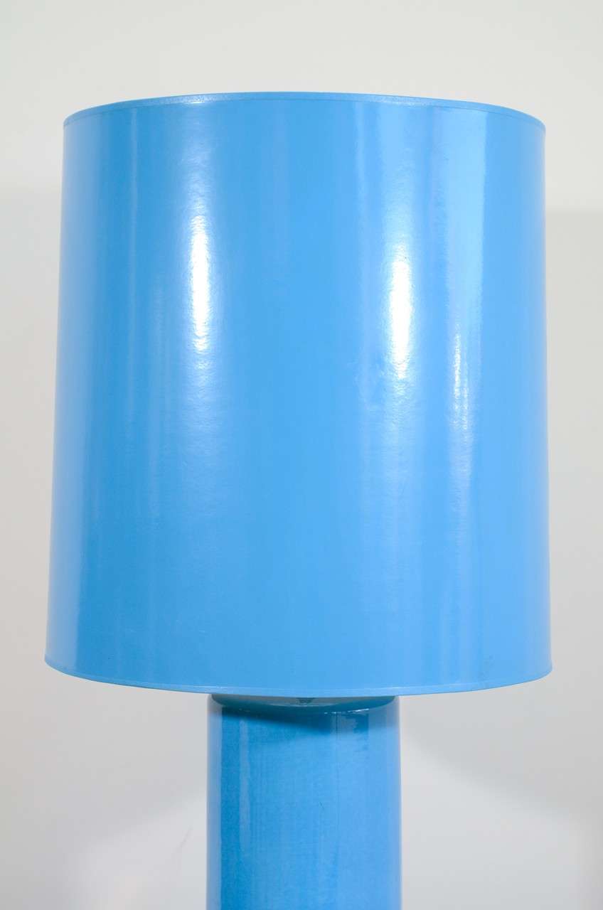Ceramic Blue Glazed Stepped Cylindrical Table Lamp and Matching Shade
