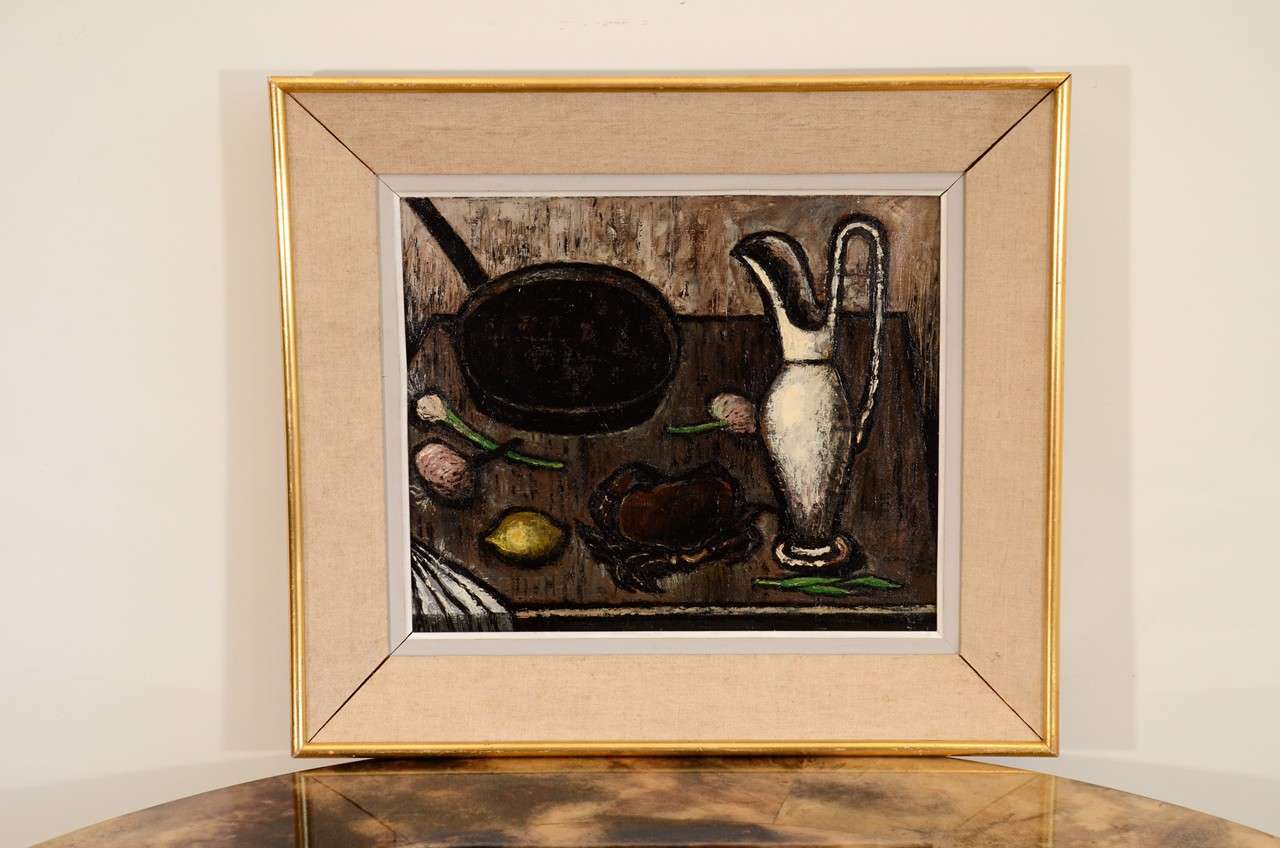 The rectangular oil painting depicting a domestic kitchen table with a crab, onion etc, as well as frying pan and a slender jug.
