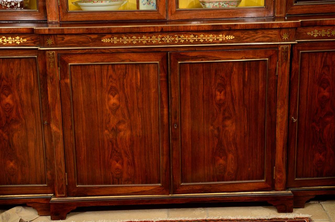 English Regency Brass Inlaid Rosewood Breakfront Bookcase