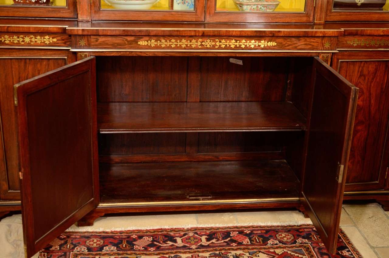 19th Century Regency Brass Inlaid Rosewood Breakfront Bookcase