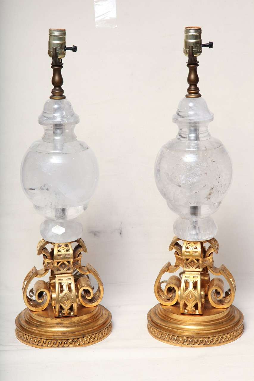 French Pair of Bronze and Rock Crystal Lamps