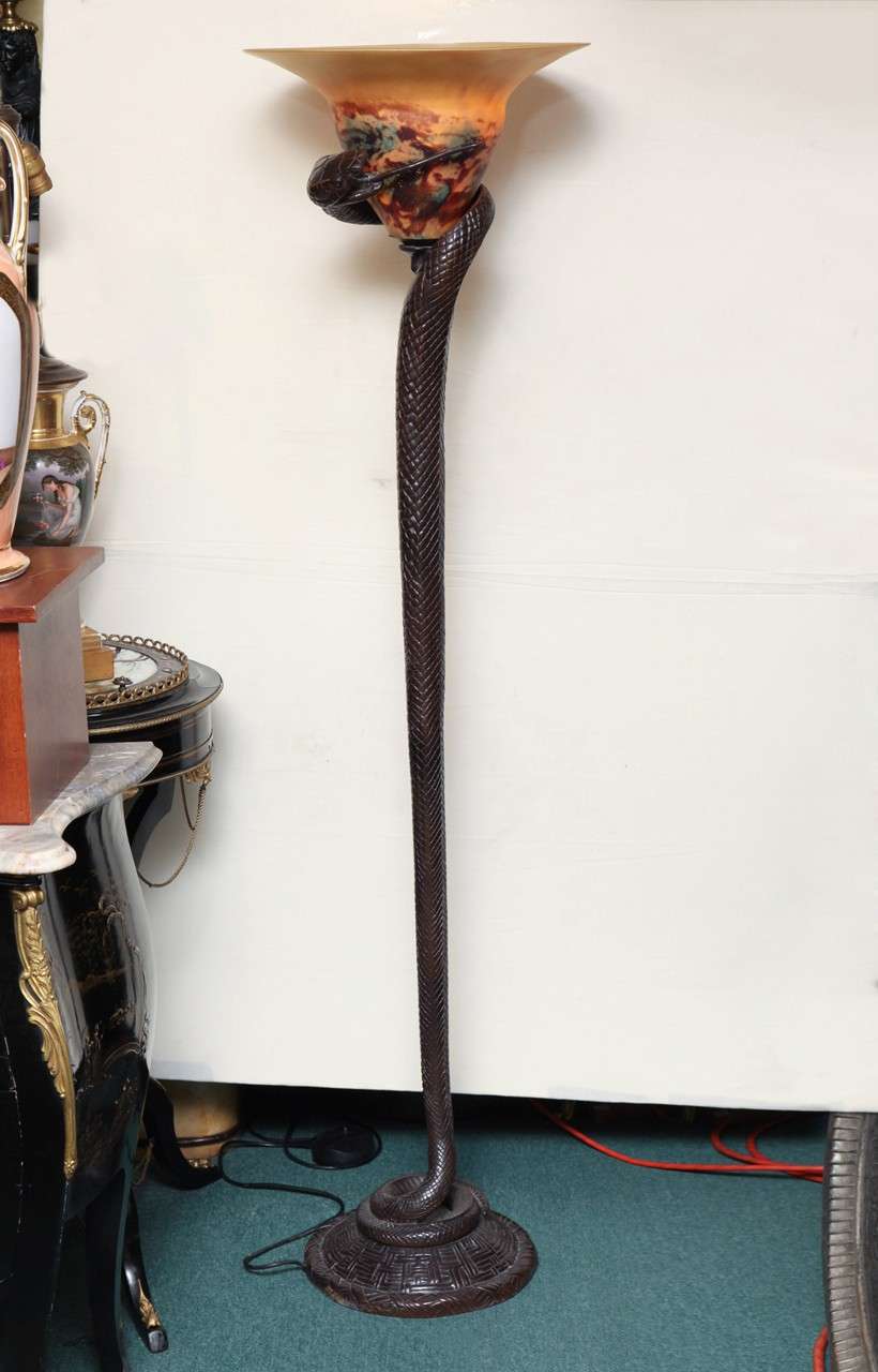Pair Of Art Deco Style Bronze And Glass Snake Form Floor Lamps