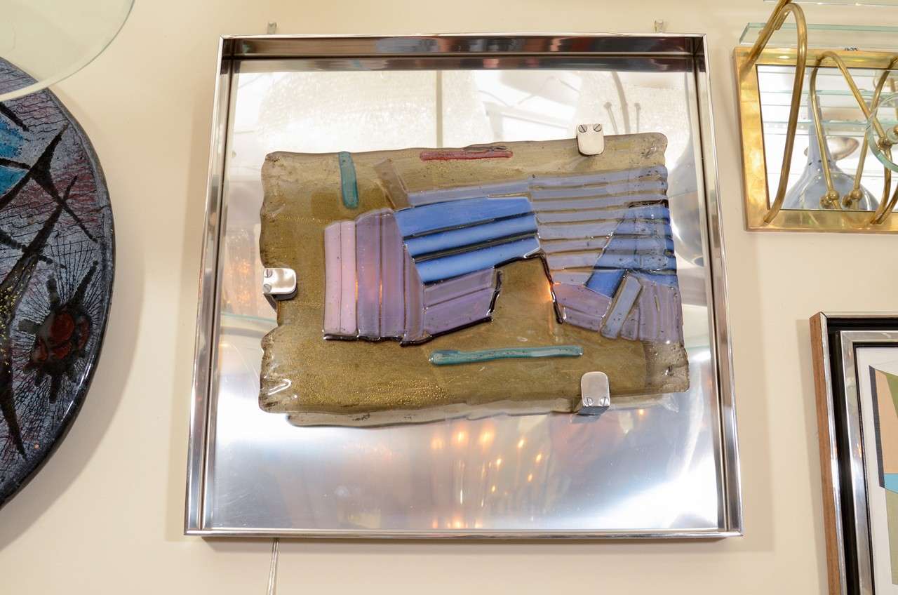Nickel framed Murano glass interior lit wall applique with abstract design by Salviati.