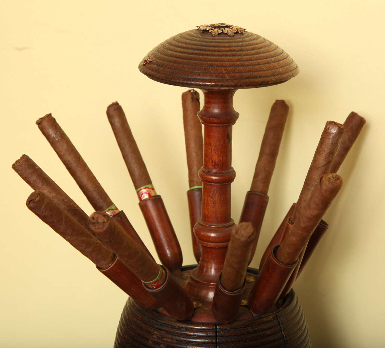 British Antique Victorian Carved Oak Beehive Cigar Holder, c.1870