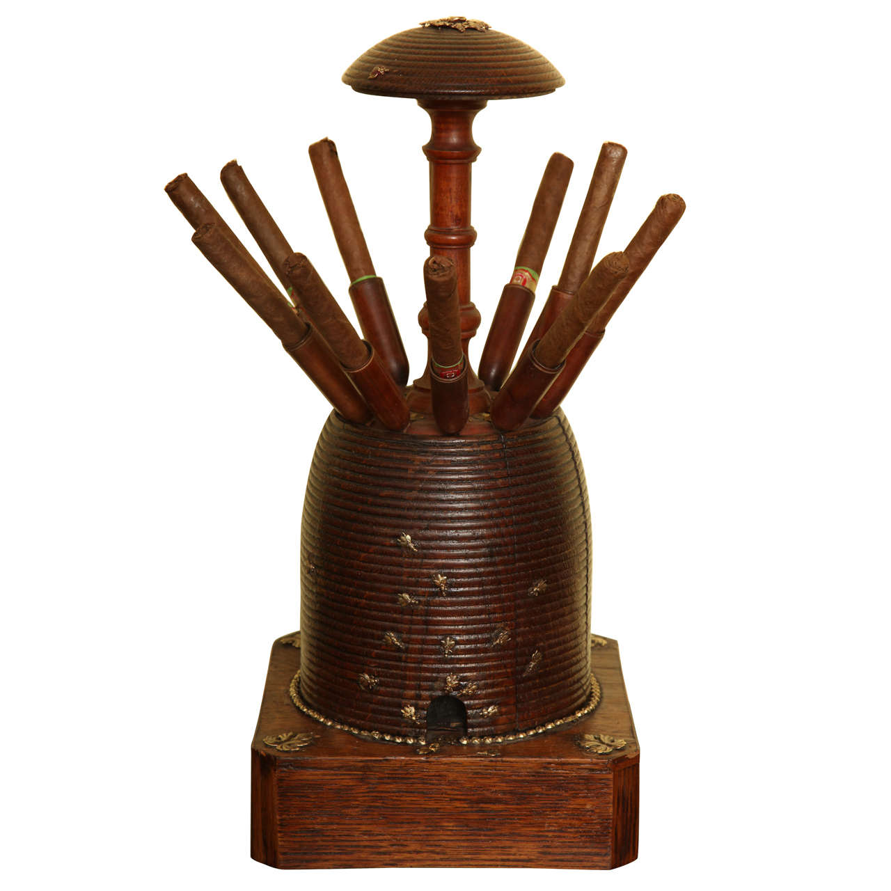 Antique Victorian Carved Oak Beehive Cigar Holder, c.1870