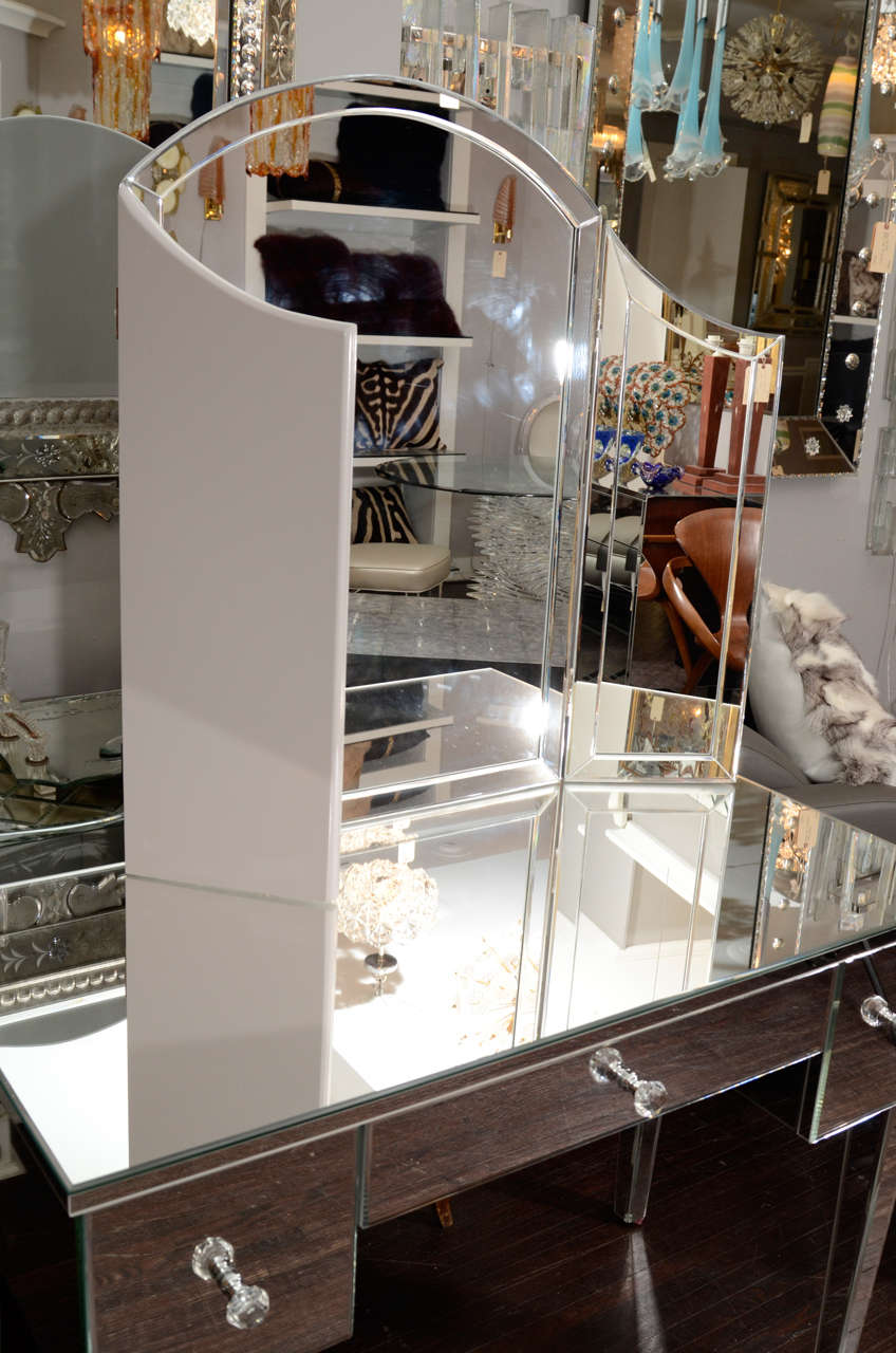 Art Deco Custom Mirrored Vanity with Tryptic Mirror For Sale