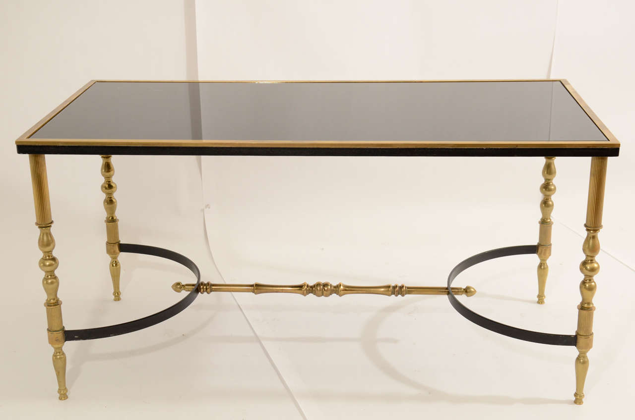 Gilt Bronze & Iron Coffee Table with Inset Black Glass Top, France, c. 1950