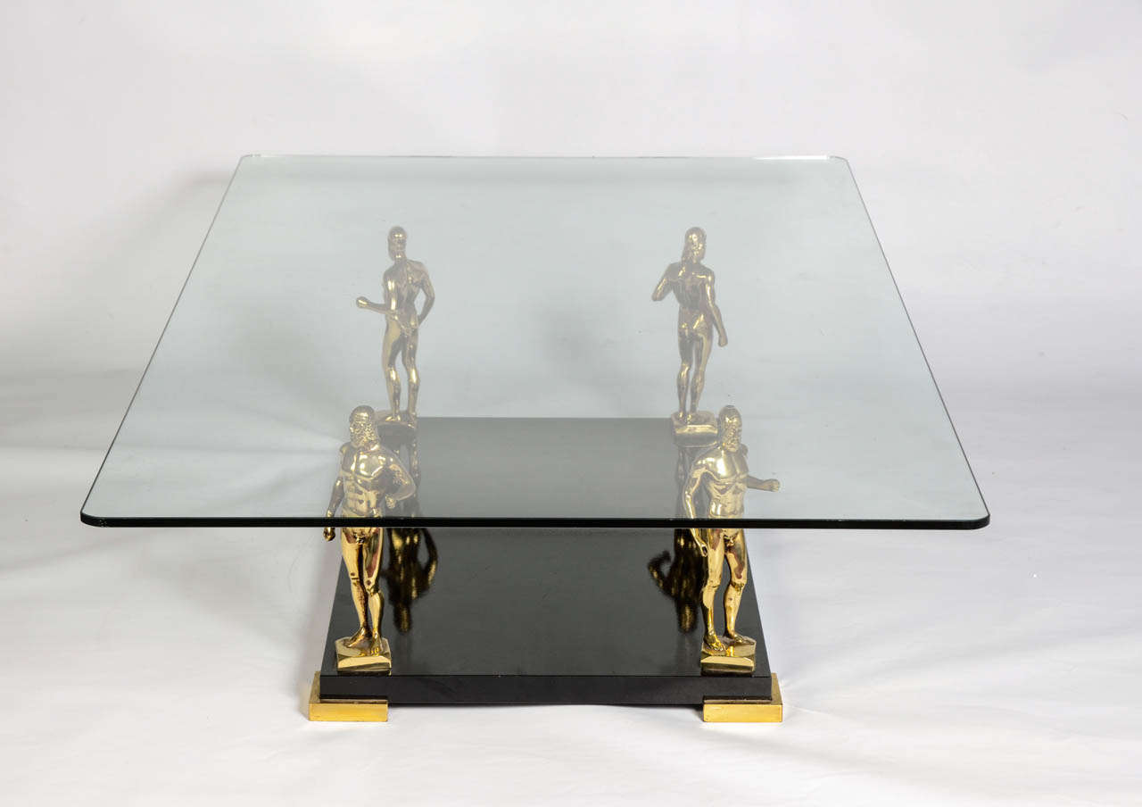 20th Century Italy Coffee Table in Black Lacquered Wood, Bronze Male Figures