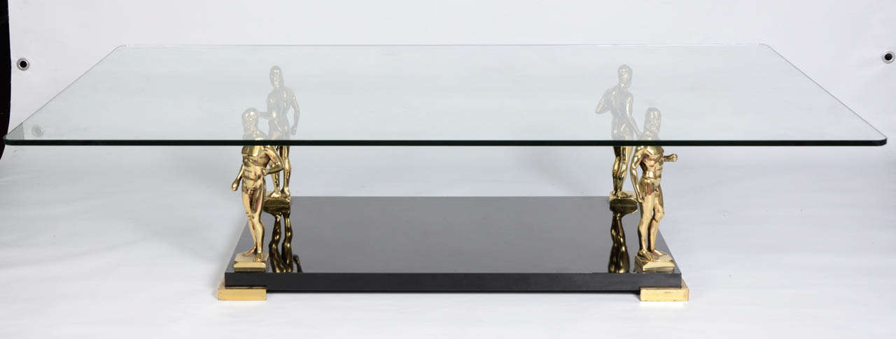 Italian 20th Century Italy Coffee Table in Black Lacquered Wood, Bronze Male Figures For Sale