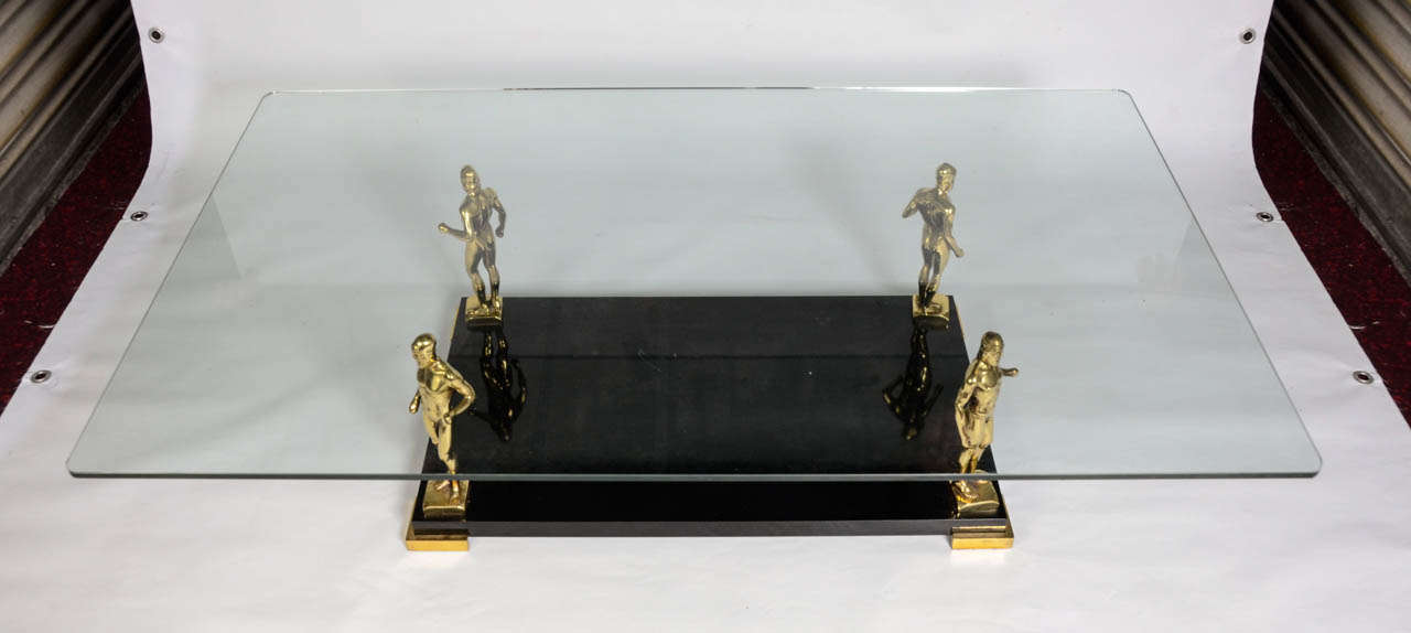 20th Century Italy Coffee Table in Black Lacquered Wood, Bronze Male Figures In Good Condition For Sale In Paris, FR