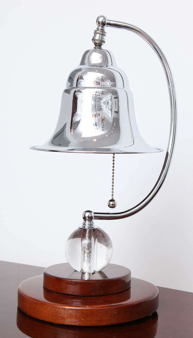 Machine Age Art Deco Table Lamp with Glass Ball, Maple Base and a Chrome Bell Shape Shade.