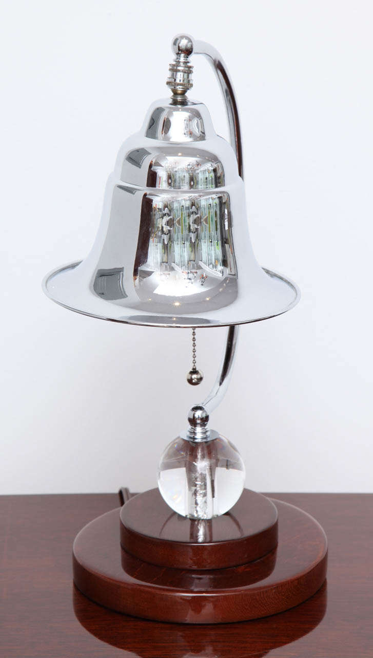 American Machine Age Art Deco Table Lamp with Glass Ball, Maple Base and a Chrome Bell Shape Shade