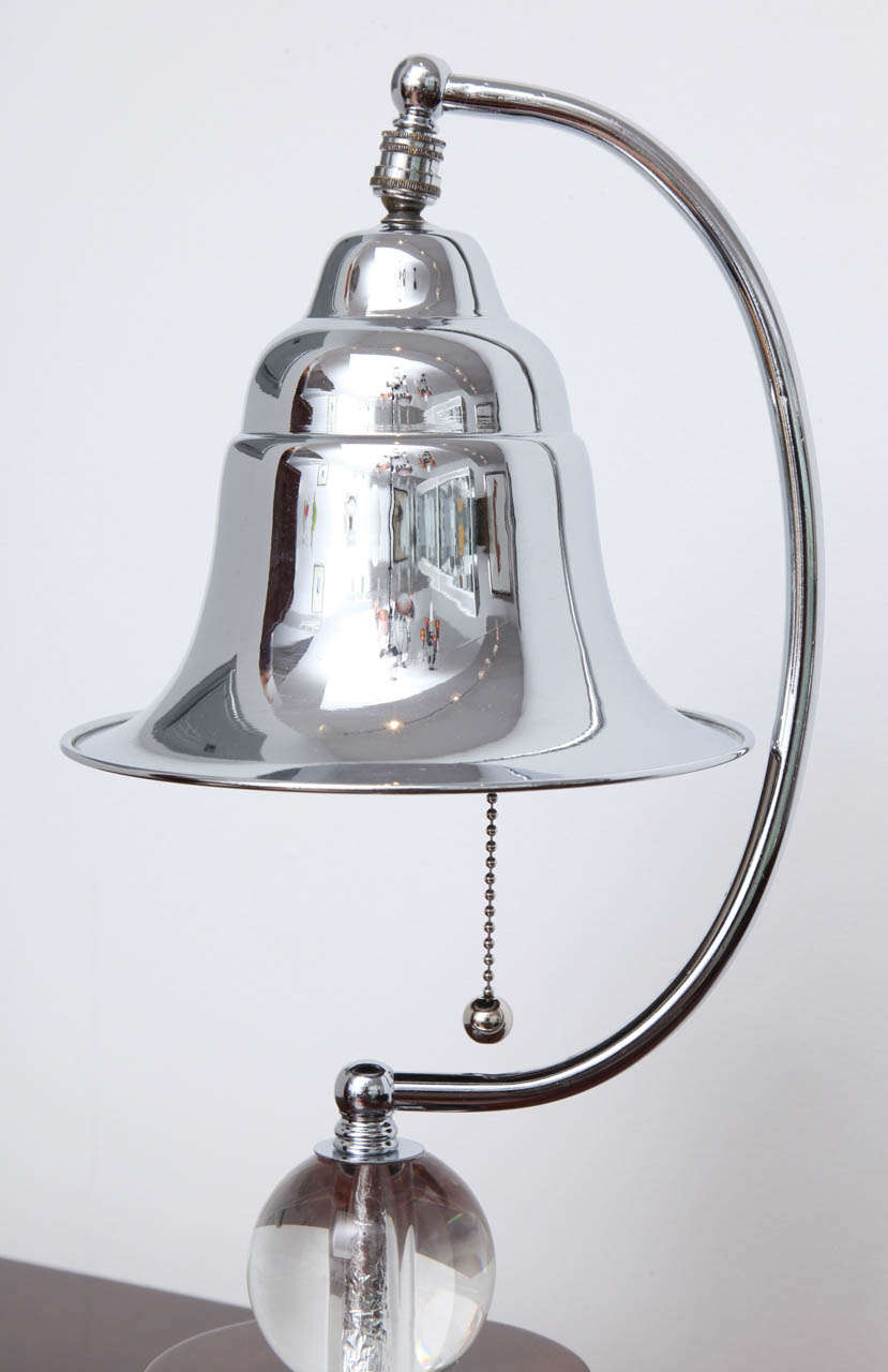 Mid-20th Century Machine Age Art Deco Table Lamp with Glass Ball, Maple Base and a Chrome Bell Shape Shade
