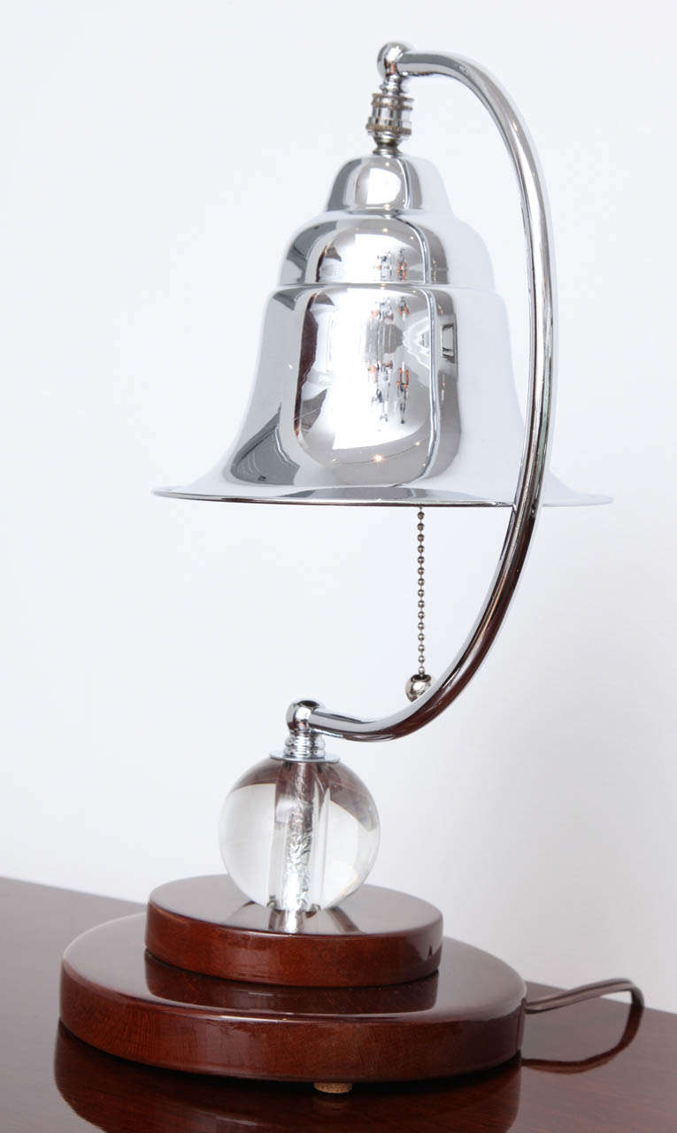 Machine Age Art Deco Table Lamp with Glass Ball, Maple Base and a Chrome Bell Shape Shade 1