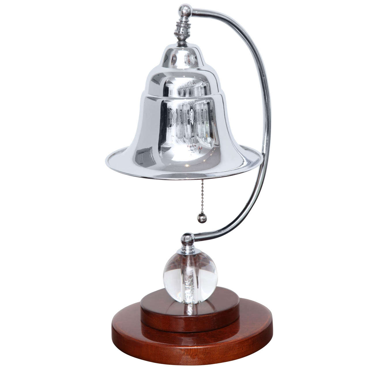 Machine Age Art Deco Table Lamp with Glass Ball, Maple Base and a Chrome Bell Shape Shade