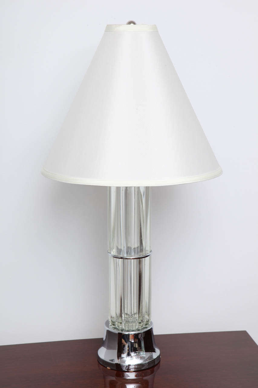 Art Deco tall table lamp with glass elements with a cloth shade and polished chrome base. Diameter of base is 6