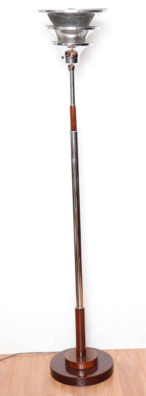 Machine Age Three Level Art Deco Floor Lamp Torchiere in polished chrome, maple and aluminum. Diameter of the base is 12