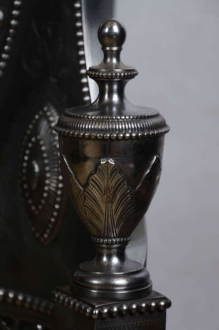 British Pair of Antique Polished Cast Iron Fire Baskets with Coat of Arms For Sale