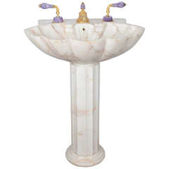 Vintage Sherle Wagner Marble Pedestal Sink with Gold-Plated Purple Quartz Fittings