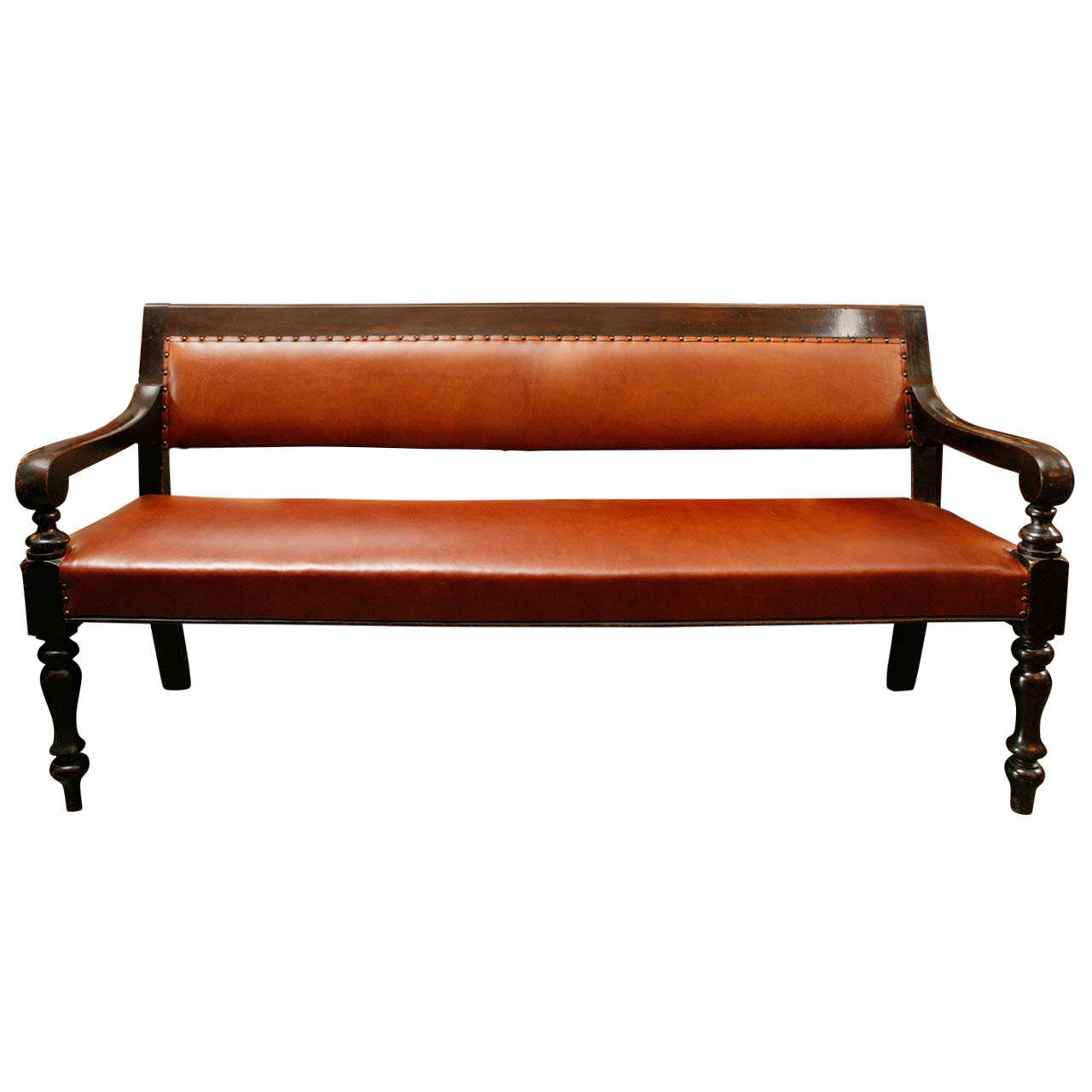 19th Century English Ebnonized and Upholstered Leather Bench from Masonic Lodge