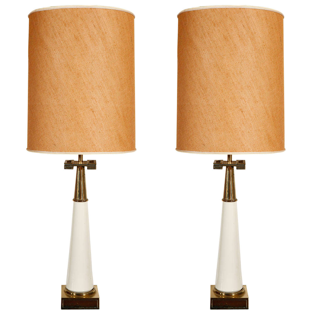 Pair of Stiffel Brass and Porcelain Lamps with Original Shades
