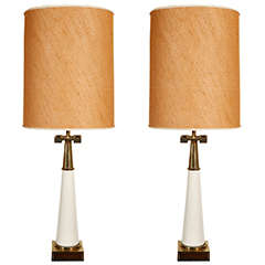 Vintage Pair of Stiffel Brass and Porcelain Lamps with Original Shades