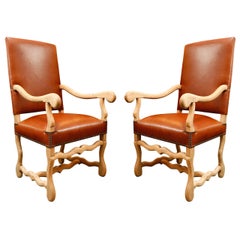 19th Century Pair of Chairs in Bleached Oak and Elm, Upholstered in Leather