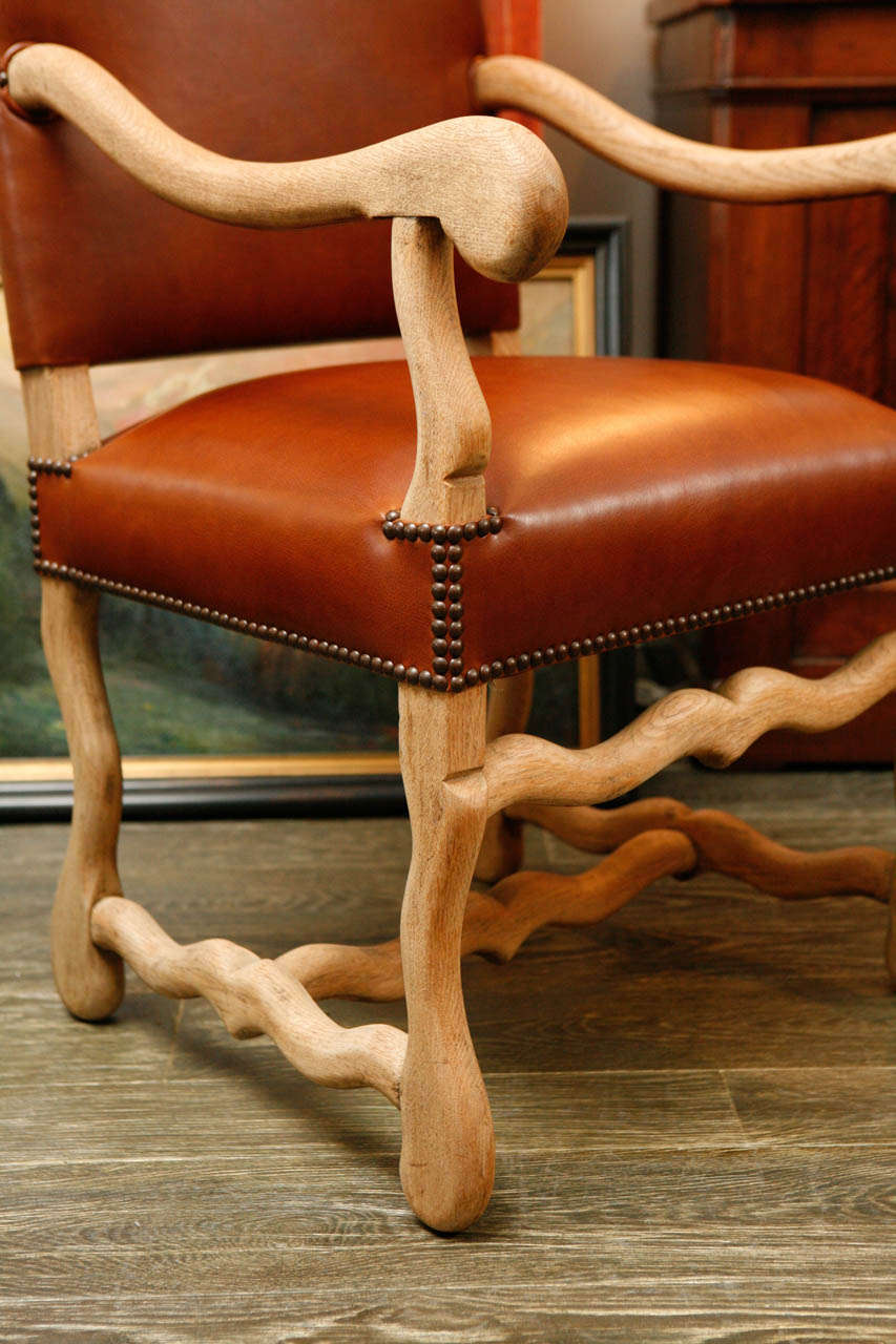 Belgian 19th Century Pair of Chairs in Bleached Oak and Elm, Upholstered in Leather