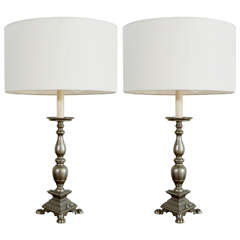 Pair of Footed Pewter Candlestick Lamps