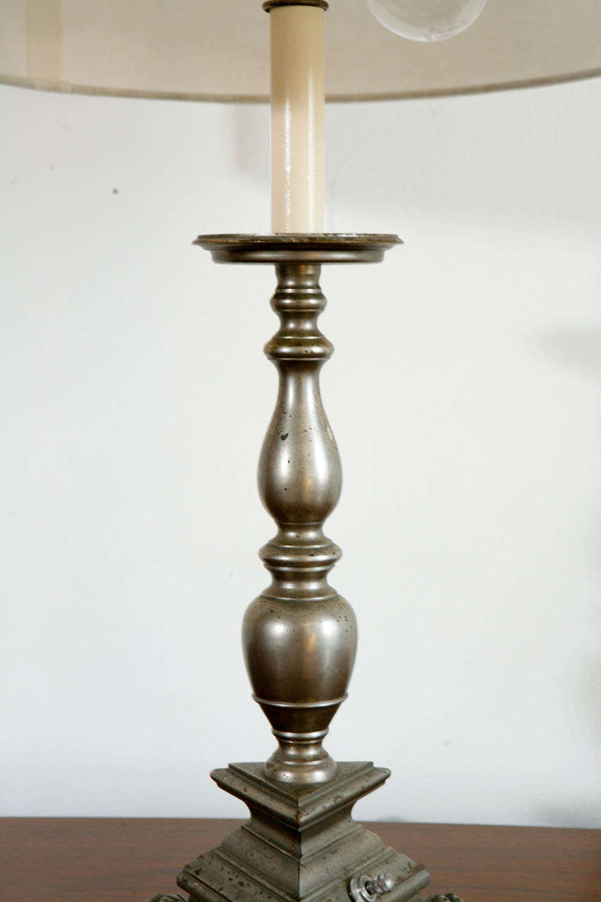 American Pair of Footed Pewter Candlestick Lamps