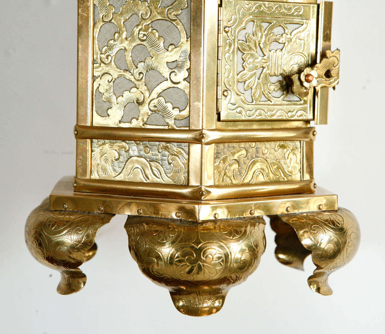 American Hanging Chinese Gold Lantern with Lotus Leaf Detail