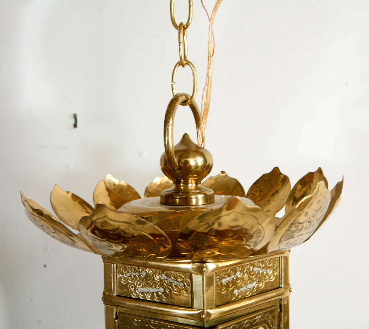 Hanging Chinese Gold Lantern with Lotus Leaf Detail 1