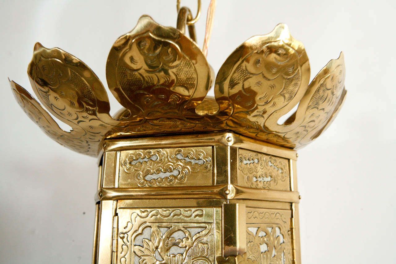 Hanging Chinese Gold Lantern with Lotus Leaf Detail 2
