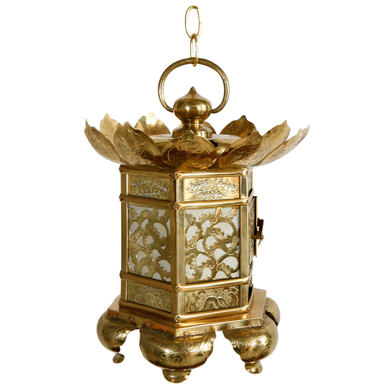 Hanging Chinese Gold Lantern with Lotus Leaf Detail at 1stDibs
