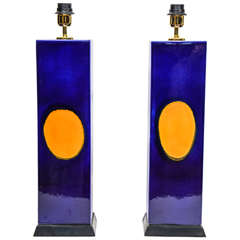 Elegant Pair of Blue Ceramic Lamps