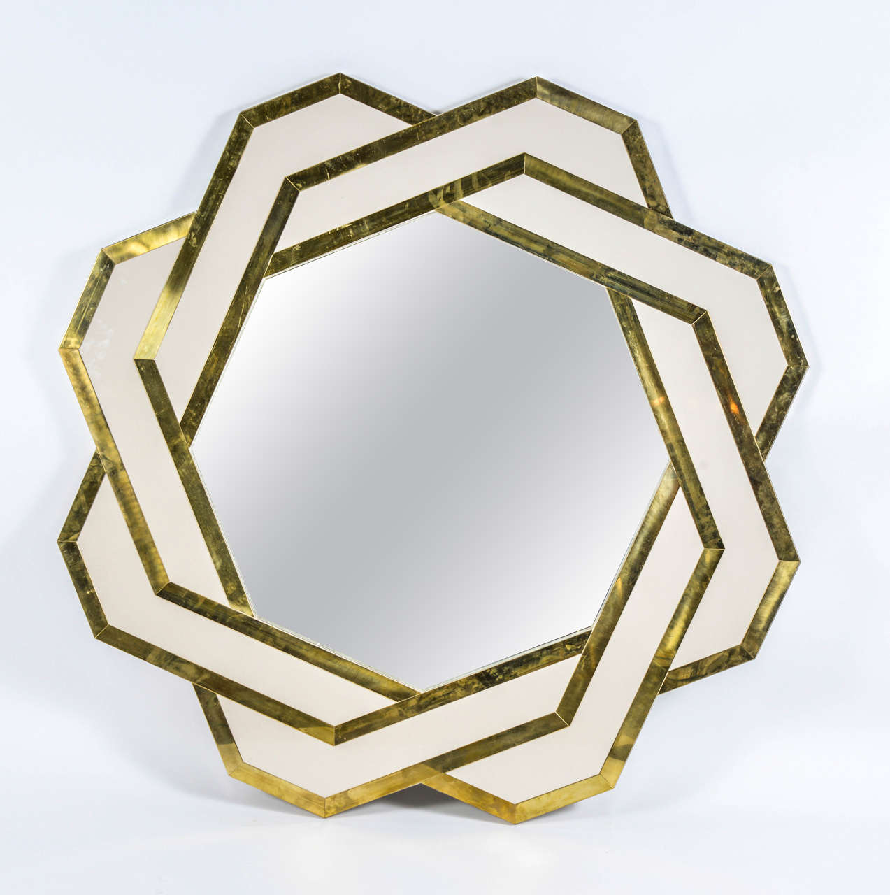 Pair of Mirrors with Colored Glass and Brass