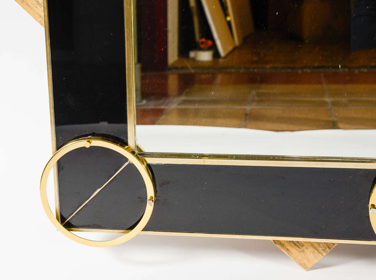 Italian  Mirror with Black Glass and Brass Trim For Sale