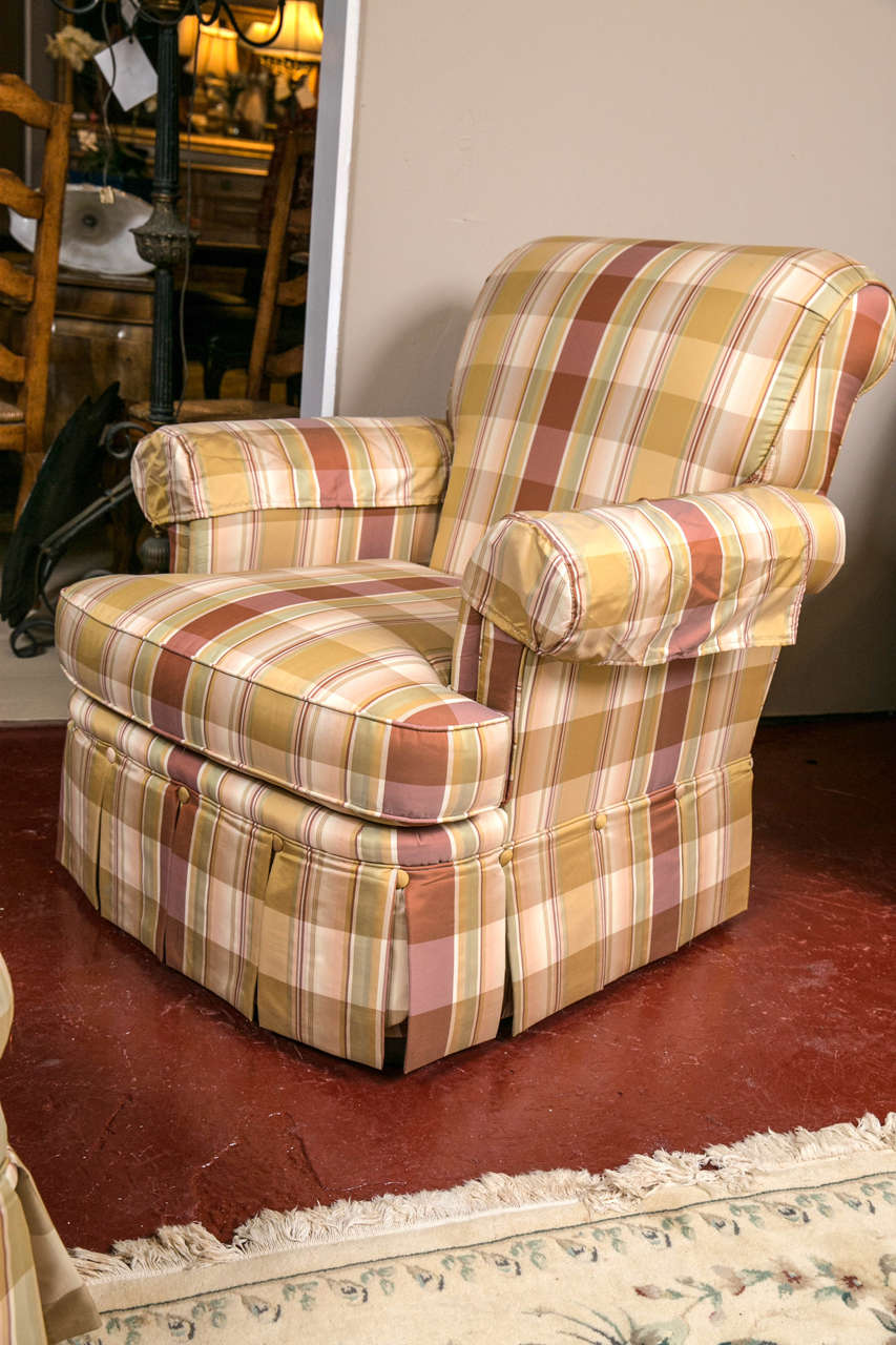 Pair of Custom Quality Silk Upholstered Plaid Club Chairs and Ottoman In Good Condition In Stamford, CT