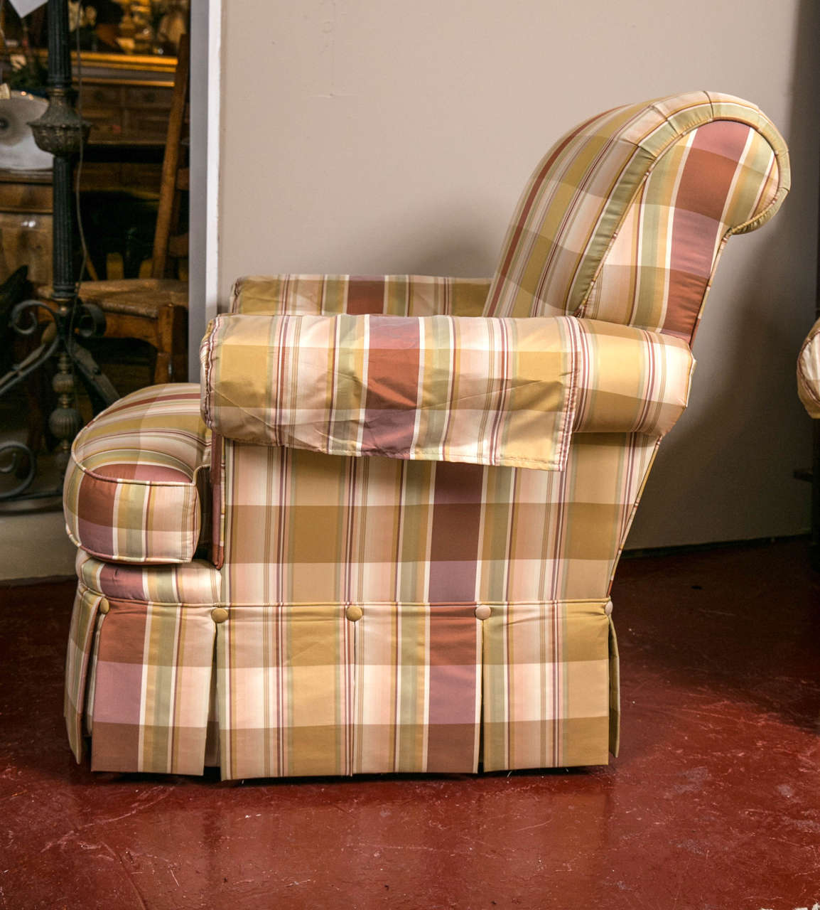 Late 20th Century Pair of Custom Quality Silk Upholstered Plaid Club Chairs and Ottoman