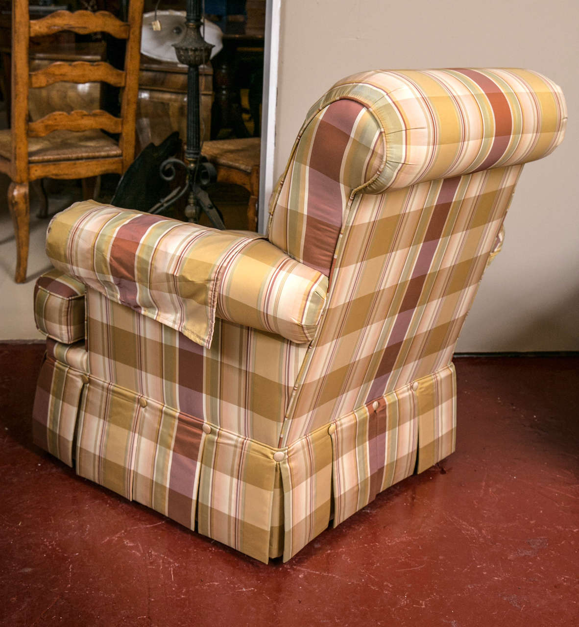 Pair of Custom Quality Silk Upholstered Plaid Club Chairs and Ottoman 1