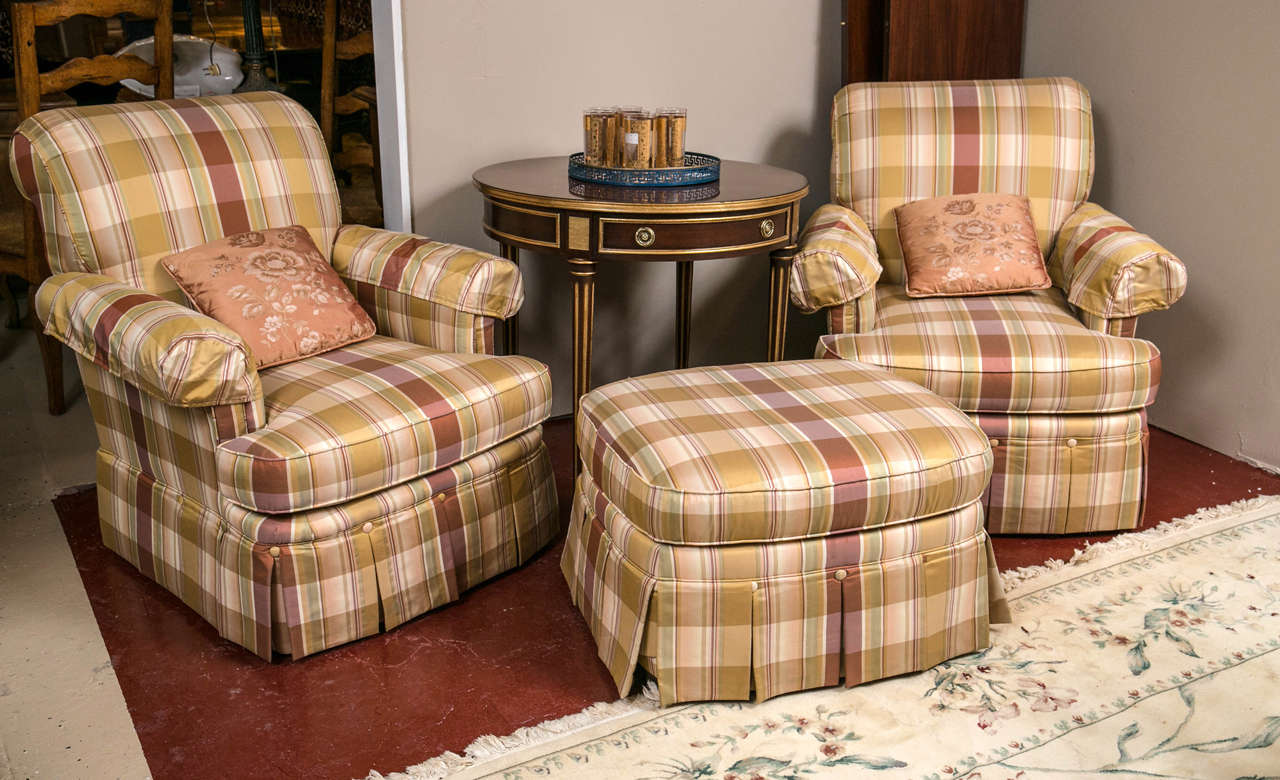 Pair of Custom Quality Silk Upholstered Plaid Club Chairs and Ottoman 2