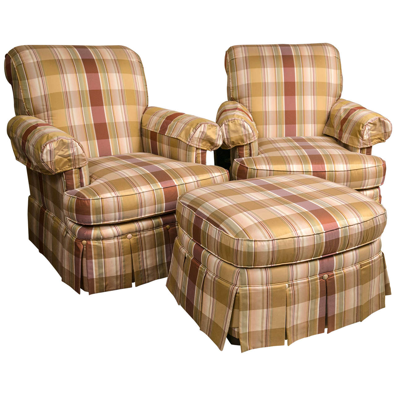 Pair of Custom Quality Silk Upholstered Plaid Club Chairs and Ottoman