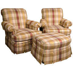 Pair of Custom Quality Silk Upholstered Plaid Club Chairs and Ottoman