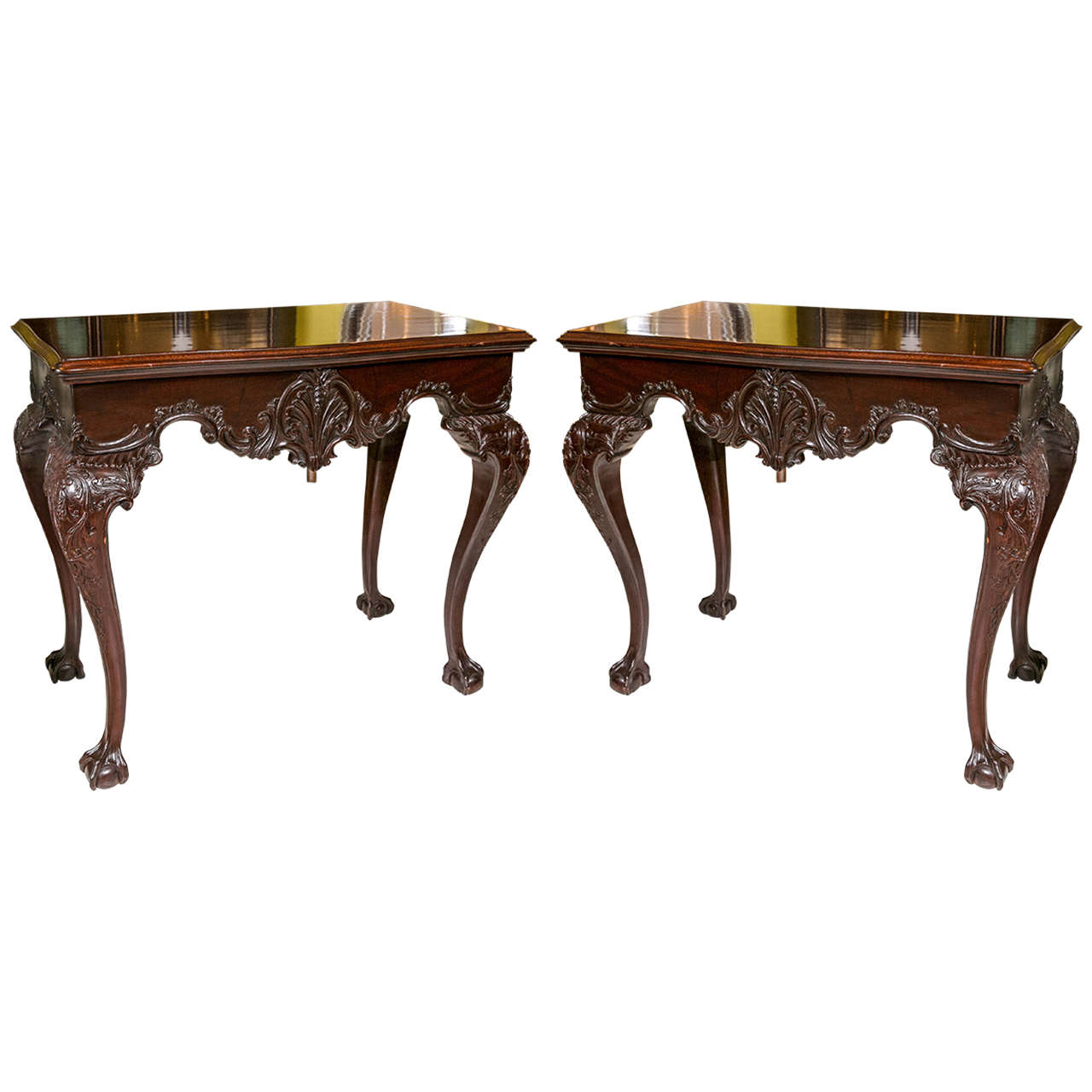 Pair Of English Georgian Style Mahogany Side or Console Tables Finely Carved