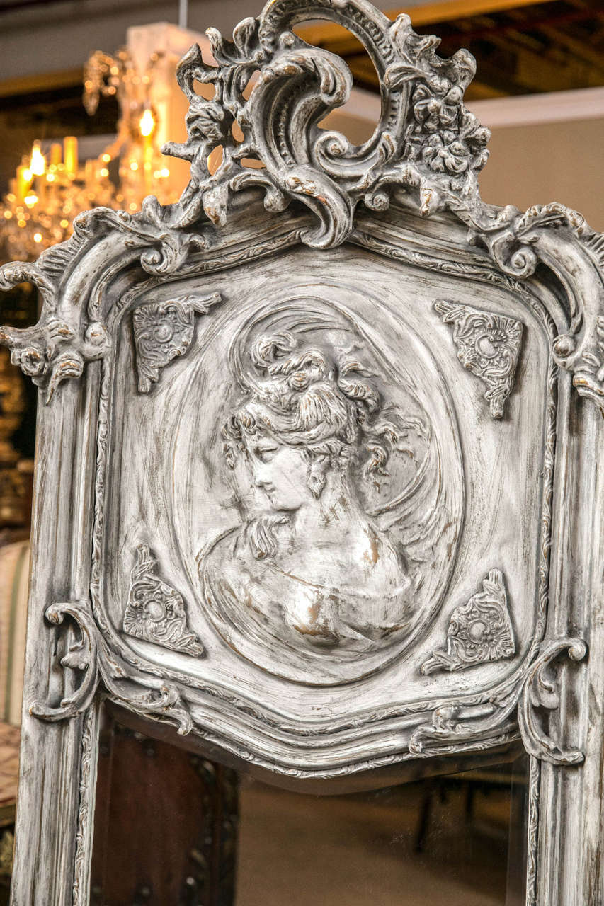 Neoclassical Whitewashed Robin's Egg Blue Gesso Mirrors with Cameo Carved Opposing Women