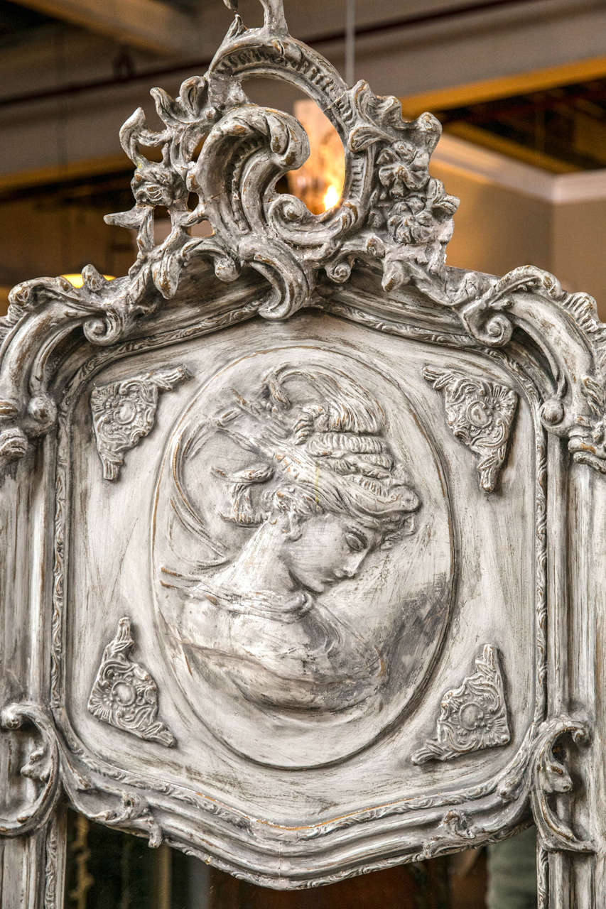 Whitewashed Robin's Egg Blue Gesso Mirrors with Cameo Carved Opposing Women In Good Condition In Stamford, CT