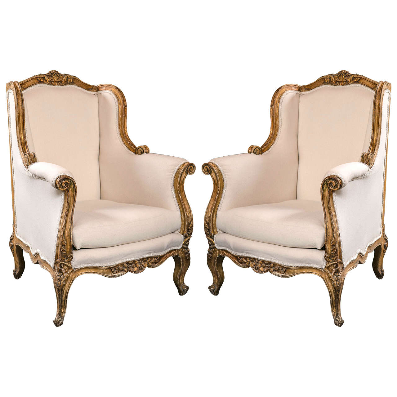 Pair of Vintage French Rococo Style Wingback Bergere Chairs