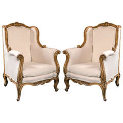 Paire de chaises Bergère Wingback de style Rococo Français Vintage